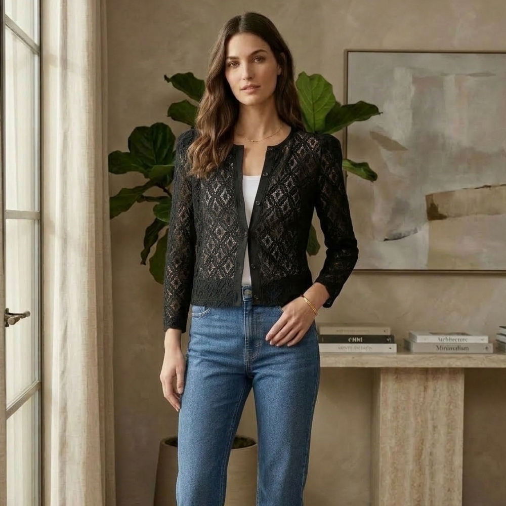 New Solitaire Black lace, puff sleeve button up Topper. Size M